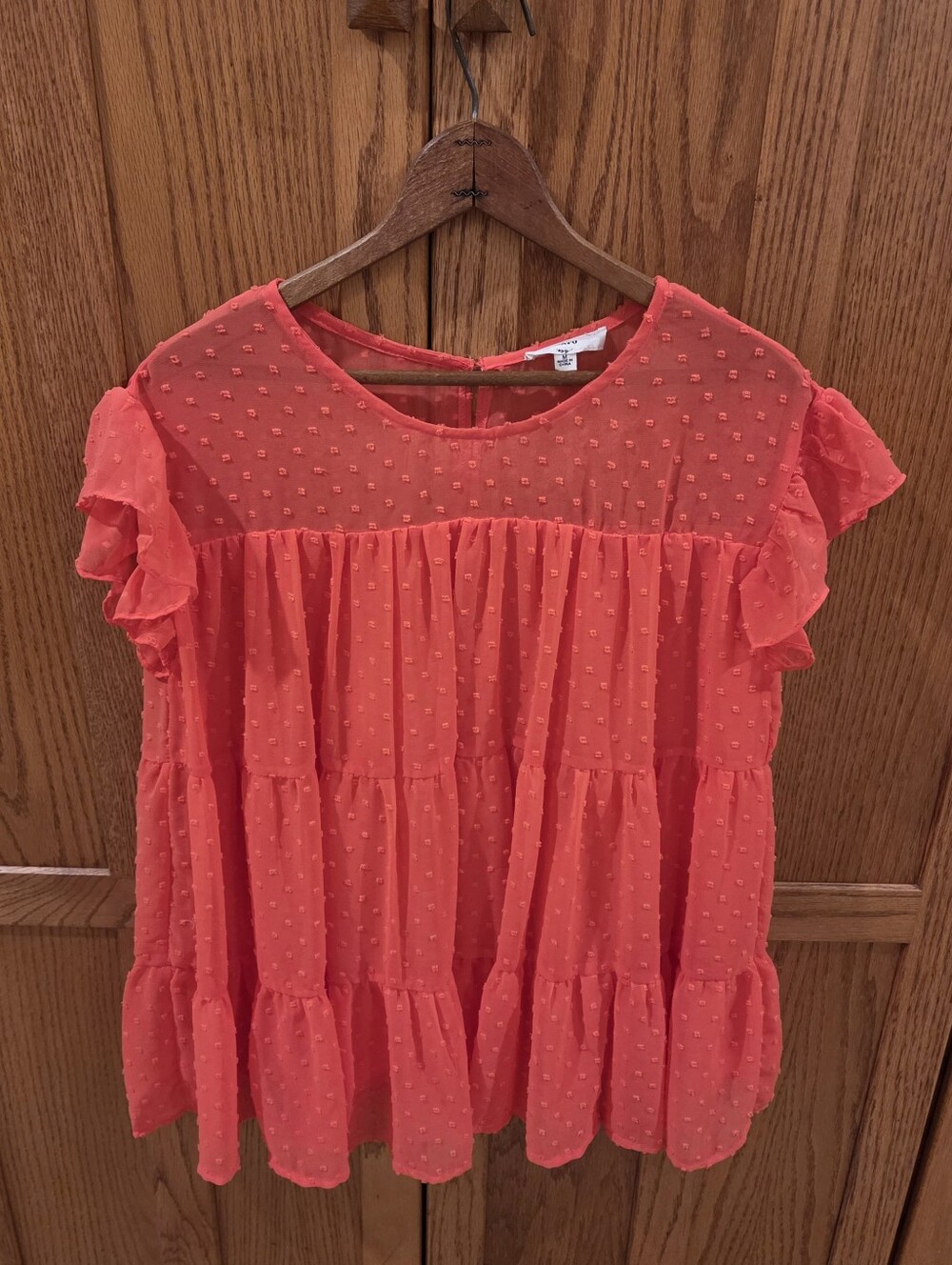 Entro Coral Swiss Dot Tiered Ruffle Blouse Size M